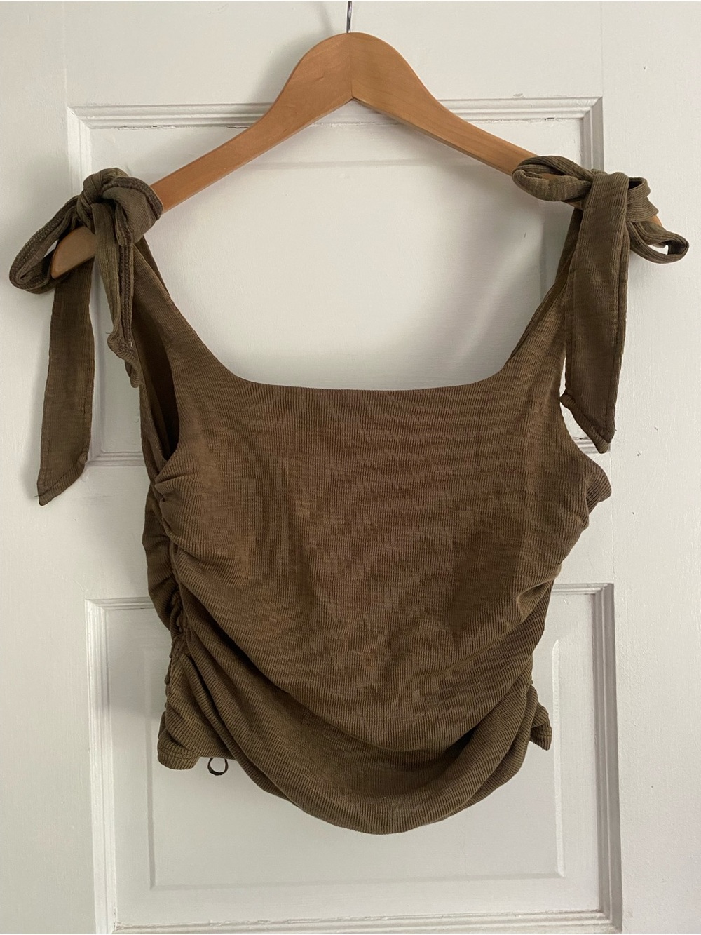 Free People Olive Brown Tie-Shoulder Ruched Tank